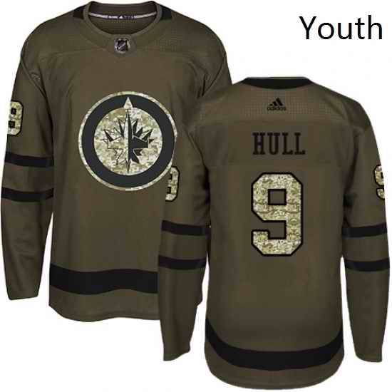 Youth Adidas Winnipeg Jets 9 Bobby Hull Authentic Green Salute to Service NHL Jersey